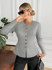 SHEIN Frenchy Women's Solid Color Crew Neck Cardigan, Long Sleeve, Autumn/Winter Casual - Grey - View 4