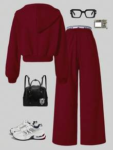 Sparklyn 2件套女童连帽拉链外套短款上衣和宽松弹力腰阔腿休闲裤套装，秋季