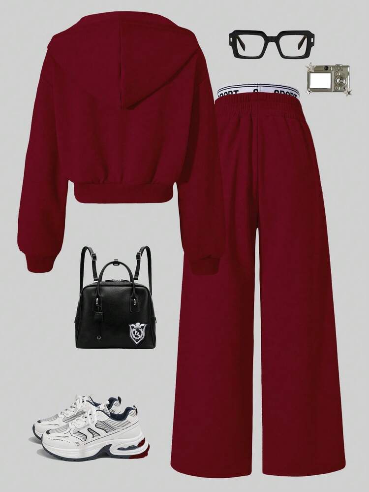 Sparklyn طقم بنطلون واسع الساق مرن الخصر وجاكيت قصير مزود بقبعة وسحاب، للخريف، قطعتان - عنابي اللون - مشاهدة 2