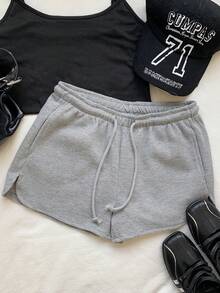 SHEIN EZwear Women'S Solid Color Drawstring Waist Shorts - Grey - View 6