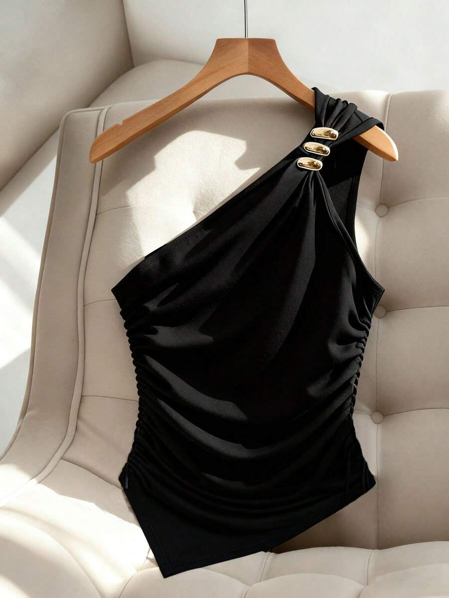 Franclia Women's Minimalist Black Top With An Asymmetrical Neckline And Hem, Adorned With Metal Buckles, Featuring A Pleated, Fitted Waist For A Slimming Effect. Winter For Women, Christmas, New Year ,New Year's Eve, Party, Beach, Elegant, Casual For Women, Romance, Valentine's Day, Dating, Summer, Fashionable Casual Commuter Wear, Business Office Wear, Versatile And Stylish Everyday Casual Wear, Urban Teacher's Professional Attire - Black - View 1