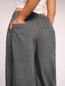 Radiana Women's Minimalist Fashion Dark Grey Low Waist Loose Wide Leg Suit Pants, Commuter Pants, Low Waist Trousers, Low Waist Suit Pants, Grey Suit Pants, Grey Wide Leg Pants, Grey Trousers, Woven Fabric Casual Pants - Dark Grey - View 7