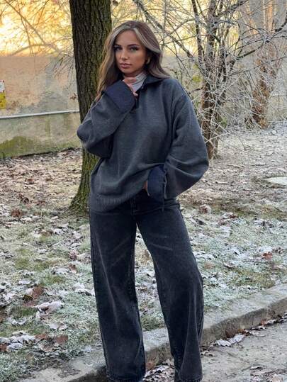 Jeta Ari Women's Autumn Denim Patchwork Loose Knit Sweater With Turndown Collar
