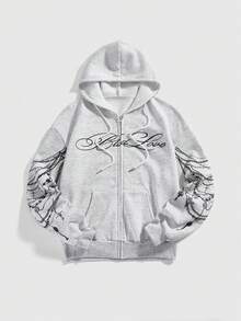 ROMWE Avant Street Casual Y3K Sexy Chain Print Lightweight Grey Open Front Sweatshirt For Women - Light Grey - View 2