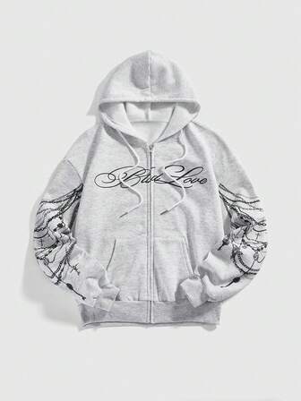 ROMWE Avant Street Casual Y3K Sexy Chain Print Lightweight Grey Open Front Sweatshirt For Women