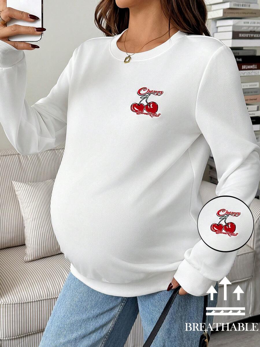 SHEIN Maternity Cherry Embroidery Crew Neck Long Sleeve Sweatshirt Cute Long Sleeve Top Women Long Sleeve Top Pregnancy Shirts Maternity Clothes T Shirts Breastfeeding Shirt