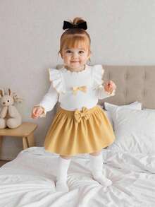 SHEIN 2pcs Baby Girls Spring/Summer British Style Comfortable Ribbed Long Sleeve Top + Fashionable Corduroy Skirt Outfit Set - Multicolor - View 1