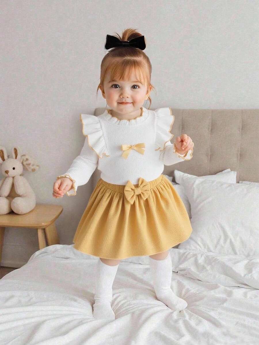 SHEIN 2pcs Baby Girls Spring/Summer British Style Comfortable Ribbed Long Sleeve Top + Fashionable Corduroy Skirt Outfit Set - Multicolor - View 1