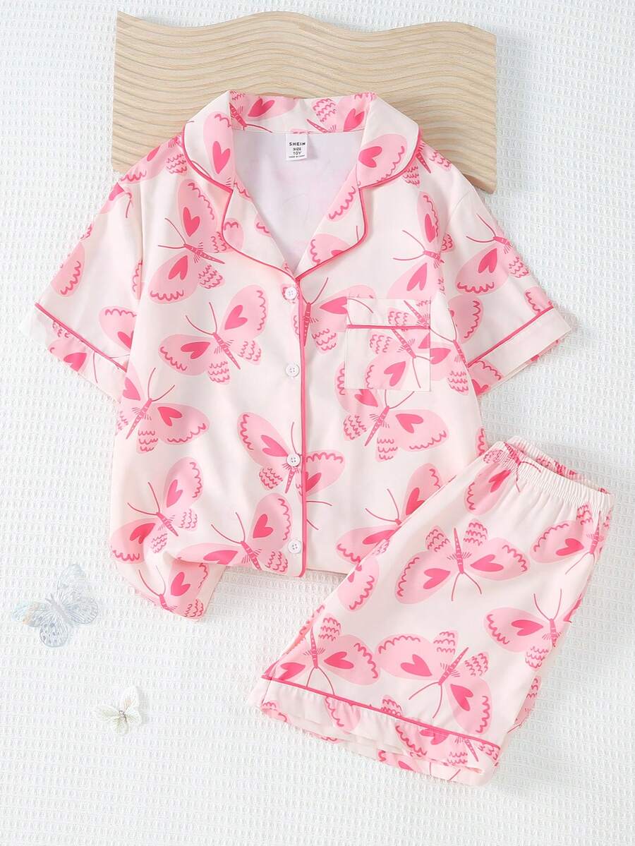Girls' Minimalist Elegant Butterfly Print Cardigan & Pants Pajama Set - Multicolor - View 1
