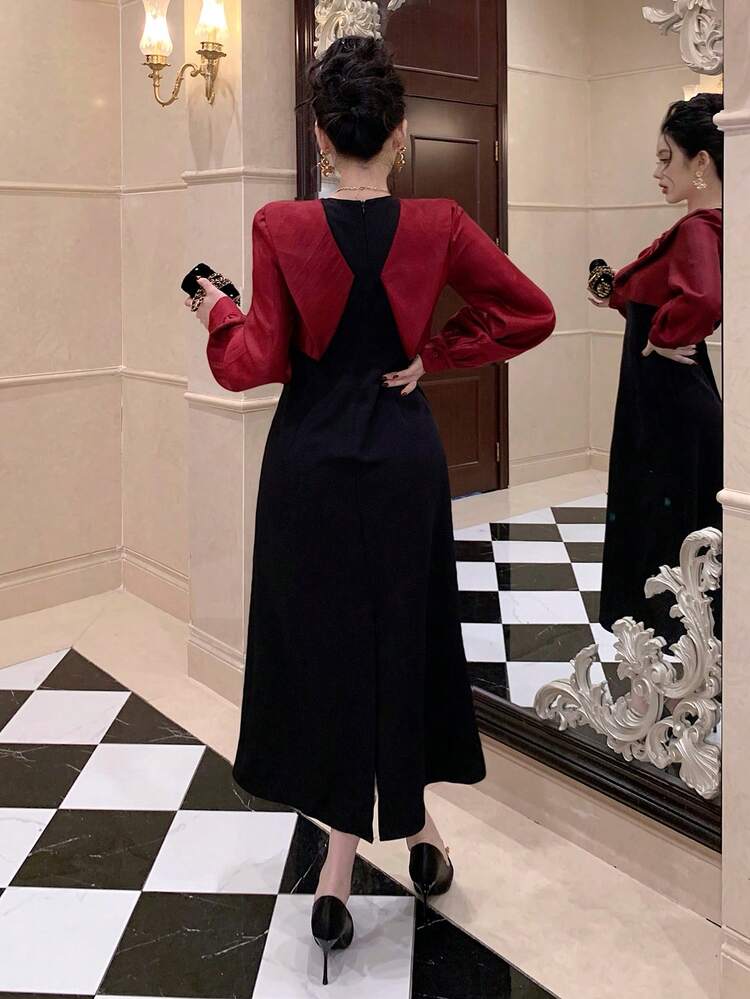 Women's Elegant Party Color Block Patchwork Dress Maxi Dress Sundress