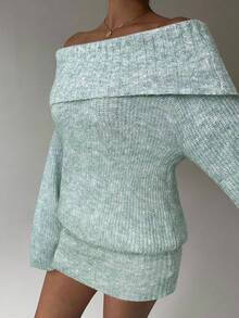 Aloruh Grey Off-Shoulder Turtleneck Long Sleeve Mini Dress, Loose Top Tight Bottom, Suitable For Young Ladies, Autumn/Winter - Green - View 5
