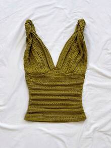 Soleia Women's Vacation Knit White Textured V-Neck Twist Strap Ruched Waist Fitted Stylish Slim Tank Top, Suitable For Party, Date, Valentine's Day Mustard Top Summer Top Cleavage Top - Olive Green - View 4