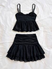 Soleia 2 件套女士度假针织杏色纹理吊带背心，配有抽绳胸围和荷叶边下摆，搭配腰部褶皱和双层荷叶边下摆迷你裙，适合派对、约会、下午茶、返校、毕业典礼 - 黑色 - 查看 2