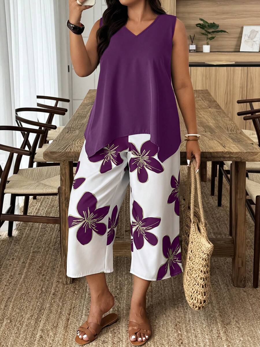 Weeklong Bộ đồ 2 mảnh phong cách nghỉ dưỡng thường ngày dành cho nữ, phối họa tiết hoa, kiểu dáng quần lửng, màu tím, thích hợp cho mùa hè. - Màu tím - Xem 1