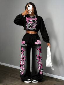 Slaydiva 大码休闲人体印花卫衣和运动裤两件套，秋冬款 - 彩色 - 查看 4