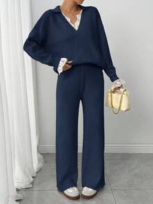 Modelyn Damen Herbst/Winter sanfter Kontrast Spitzen Langarm Pullover und gestrickter Hosen Set - Königsblau - Übersicht 5