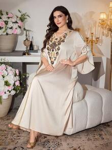 Al Najma 优雅V领喇叭袖飘逸连衣裙，春夏款 - 杏色 - 查看 7