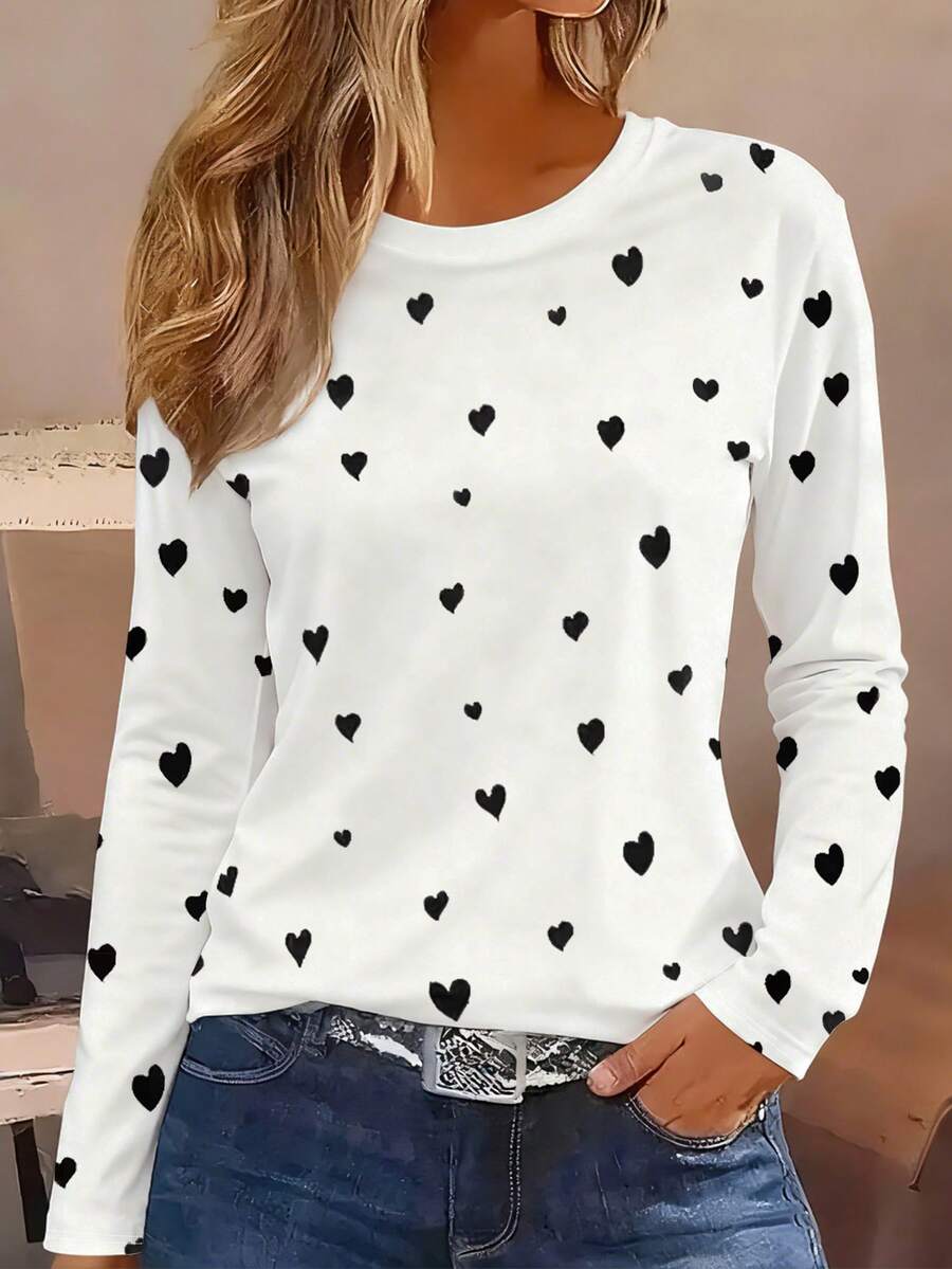 EMERY ROSE Valentine's Day Heart Print Long Sleeve T-Shirt - Multicolor - View 1