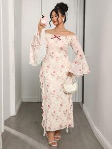 Modelyn Robe élégante pour femmes grandes tailles avec imprimé floral, épaules dénudées, volants et manches évasées ajustées - Multicolore - Voir 1