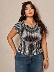 Elaquor Plus Size Summer Casual Plaid Slim Fit Shirt - Black and White - View 6