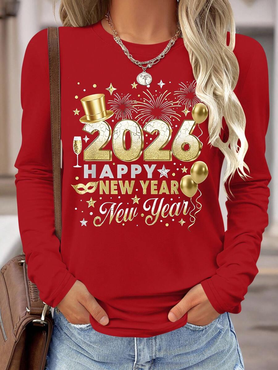 2026假日印花女式长袖街头时尚服饰，日常休闲百搭，假日度假外出，舒适居家服女式上衣T恤 - 紅色 - 查看 1