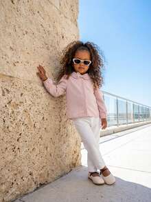 SHEIN 2pcs Young Girls Light Pink Autumn Family Matching Outfit,Peter Pan Collar Bow Knot Long Sleeve Shirt Blouse & White Pants Set For School Party - Pink - View 10