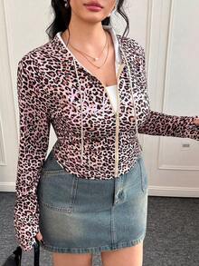 CovetEZ Chaqueta deportiva de talla grande con estampado de leopardo retro elástico y letra YK - Marrón - Ver 8