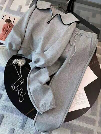 SHEIN 加大码公主领常规肩部长袖半拉链套头衫 + 松紧腰侧袋裤