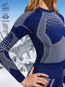 Easithlete Conjunto de traje de esquí con mangas raglán con estampado de lunares y rayas para mujer - Azul Marino - Ver 5