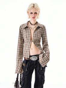 Bloopia 女士格子束腰金属钩开衫 - 棕色 - 查看 6