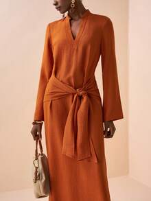 Zivah 2026 Spring/Summer New Music Festival Casual Vacation Commute Style V-Neck Flare Sleeve Waist Tie Loose New Chinese Style Long Linen Dress - Brown - View 7