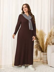 Lacomfia Women's Brushed Plaid V-Neck Long Sleeve Comfortable Casual Dress, Suitable For Home, Leisure And Outings, Simple And Elegant - Brown - View 6