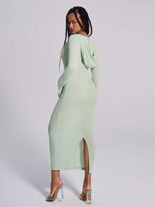 TypaGal 女士优雅通勤纯色连帽修身连衣裙 - 綠色 - 查看 2