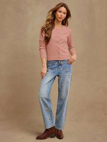 WESTFADE Áo len cardigan tay dài cổ tròn cài nút phía trước - Màu Hồng Tươi - Xem 5