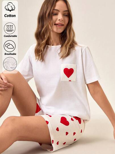 Loomlin Heart & Home – Women's Cute Heart Print Tee & Shorts Pajama Set, Soft Cotton Loungewear For Cozy Nights And Sleepovers, Valentine's Day, 14th February