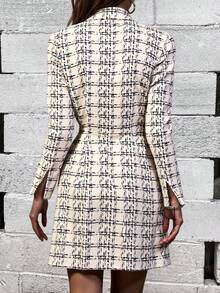 Vestido blazer mujer corto cuadros hueso y negro, boton plateado elegante corto dama mujer  vintage día noche elegante sexy cierre botones cuello doble solapa manga larga bajo amplio otoño invienro fiesta evento cumpleaños vacaciones cena - Hueso y negro - Ver 2