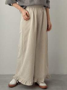FRIFUL Women's Corduroy Elastic Waist Wide Leg Pants With Ruffle Hem - Beige - View 6