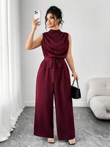 Elenzga Bộ đồ liền thân không tay cổ cao xếp ly cỡ lớn dành cho nữ - Màu Đỏ Sâu - Xem 6