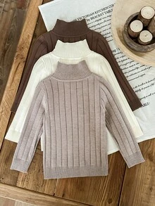 SHEIN LMoss Kids 3件套 女童纯色针织休闲毛衣 - 摩卡棕 - 查看 2
