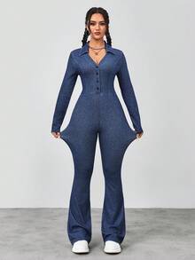 Flexra Women's Casual Commuter Slim Fit Denim Jumpsuit - Blue - View 3