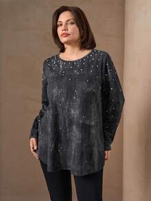 Chikora 大码女式水钻装饰扎染圆领长袖休闲T恤，黑色纯色亮银色烫金弹力针织V领长袖T恤，黑色，秋季，外出上衣 - 黑色 - 查看 3