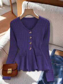GlowEve 优雅别致简约镂空圆领长袖荷叶边下摆口袋金属蝴蝶结纽扣扭结纹理女式毛衣，秋冬款 - 紫色 - 查看 5