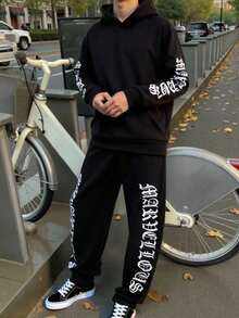 青少年男孩字母印花长袖连帽衫和运动裤休闲套装 - 黑色 - 查看 3