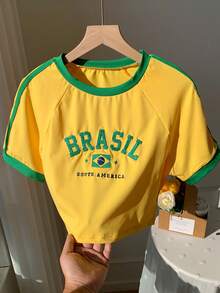 Comfortcana Brazilian-Style Embroidery T-Shirt With Colorful Combination - Yellow - View 1