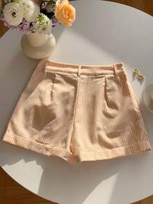 SHEIN EZwear 女士休闲条纹卷边短裤，夏季 - 黃色 - 查看 2