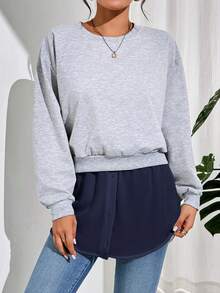 SHEIN Essnce Sweatshirt Mate Women's Casual Shirt Hemline Fake Layered Wearing Tool Versatile All-Match Skirt White Edge Hem Butt Cover - Navy Blue - View 6