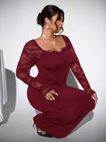 Firerie Damen Große Größen Neues Lässiges Elegantes Bodycon Spitze Patchwork Kleid, Schwarzes Kleid, Verführerisches Kleid, Geeignet für Partys, Dates, Romantische Nächte, Galas, Meerjungfrauenkleid