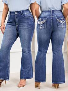 EMERY ROSE Plus Size Women's Slim Fit Flare Leg Embroidered Jeans Winter New Year - Medium Wash - View 8