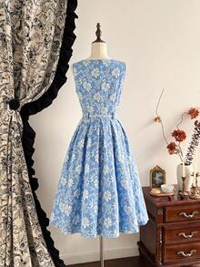 Vintamour 复古经典优雅女士连衣裙，修身提花连衣裙，船领无袖连衣裙，系带连衣裙，蓝色连衣裙，秋冬款 - 藍色 - 查看 2