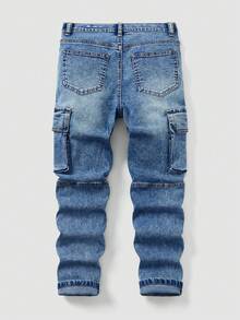 بنطلون جينز أزرق مغسول للأولاد من سن 8 إلى 12 سنة، جيوب كارجو، خصر مطاطي، قماش جينز مطاطي ناعم، مناسب للمشي في المدينة، الموضة اليومية، الإطلالات اليومية، الخروجات، السفر، التجمعات، وصول جديد - أزرق متوسط - مشاهدة 2